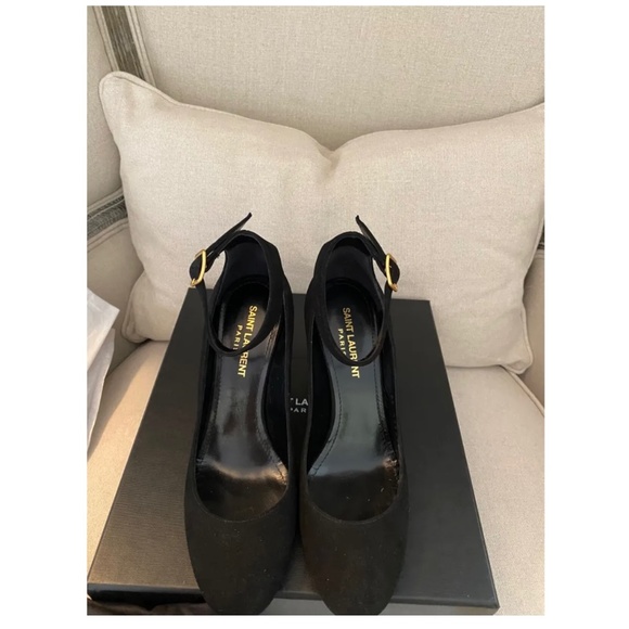 Saint Laurent YSL LouLou Black Suede Mary Jane Ankle Strap Pumps Gold 36 6 95mm - Picture 7 of 8
